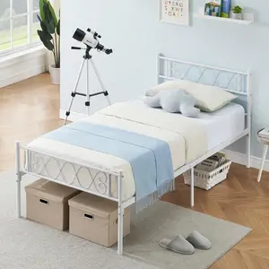 White Metal Twin-XL Bed Frame with Headboard and Footboard for Girls and Boys, Twin-XL Size Platform Bed Frame with Iron-Art Sweet Heart, No Box Spring Needed, Easy Assembly