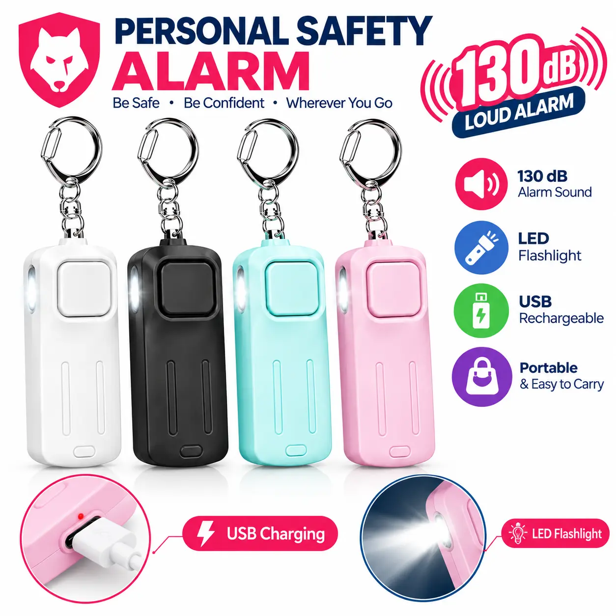 Personal Safety Alarm - Rechargeable - Strobe LED Flashlight - SOS Emergency Loud Siren - Self-Defense Keychain - for Women, Students, Children, Seniors (White, Pink, Blue)