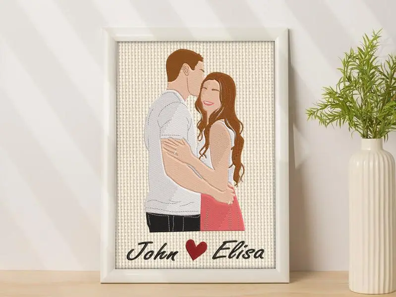 Embroidery Custom Couple Photo Picture Frame, Embroidered Canvas with Wooden Frame, Tabletop Decoration, Gift for Him and Her