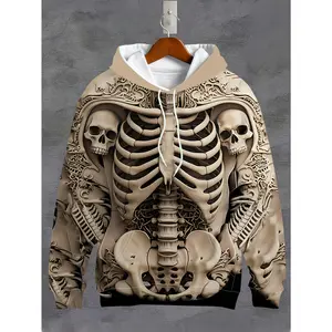 3DSkullPrintedLongSleeveHoodie-Men'sCasualHoodiewithPockets,KnittedPolyesterFabric,StretchVersion,AutumnandWinterCollectiblesTopsPullover