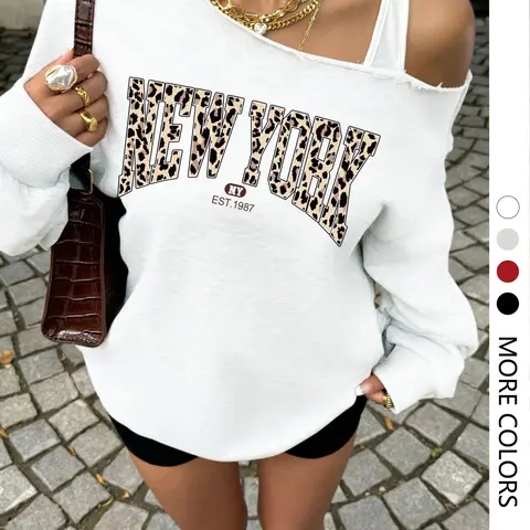 Women's Casual Style Loose-Fit Leopard Print Long Sleeve Casual Fashion Sweatshirt Womenswear, Shoulder Cut Out Asymmetrical Design, Spring & Fall Loungewear, Comfortable Daily Essential Top, Lady