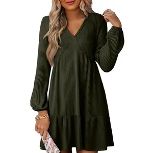 Dokotoo Long Sleeve Dress for Women Summer Fall V Neck Ribbed Knit Empire Waist High Waisted Ruffle Tiered Casual Dresses Soft A Line Vacation Party Swing Mini Short Tunic Sweater Dress