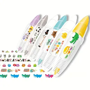 6-piece DIY cute animal press type adhesive tape pen set, suitable for dogs, pandas, crocodiles, etc., with multiple colors to match freely, and no chemistry to create healing scrapbooks Stickers Kit Art Stickers