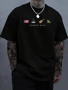 Trendy Puerto Rico Graphic T-Shirt for Men, Y2K Retro National Flag & Tropical Element Print, Oversized Loose Fit Cotton Casual Tee, Perfect for Summer Vacation Beach Party Streetwear, Breathable Soft Fabric Daily Wear Top, Viral TikTok Aesthetic Puerto