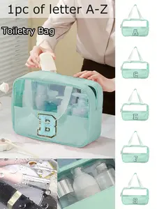 Women's Leather Fabric Makeup Bag with Blue Embroidered Letters A-Z, Waterproof Zipper Design, Shoulder Strap, Ideal for School & Travel, Cosmetic Bag, Cosmetic Travel Bags