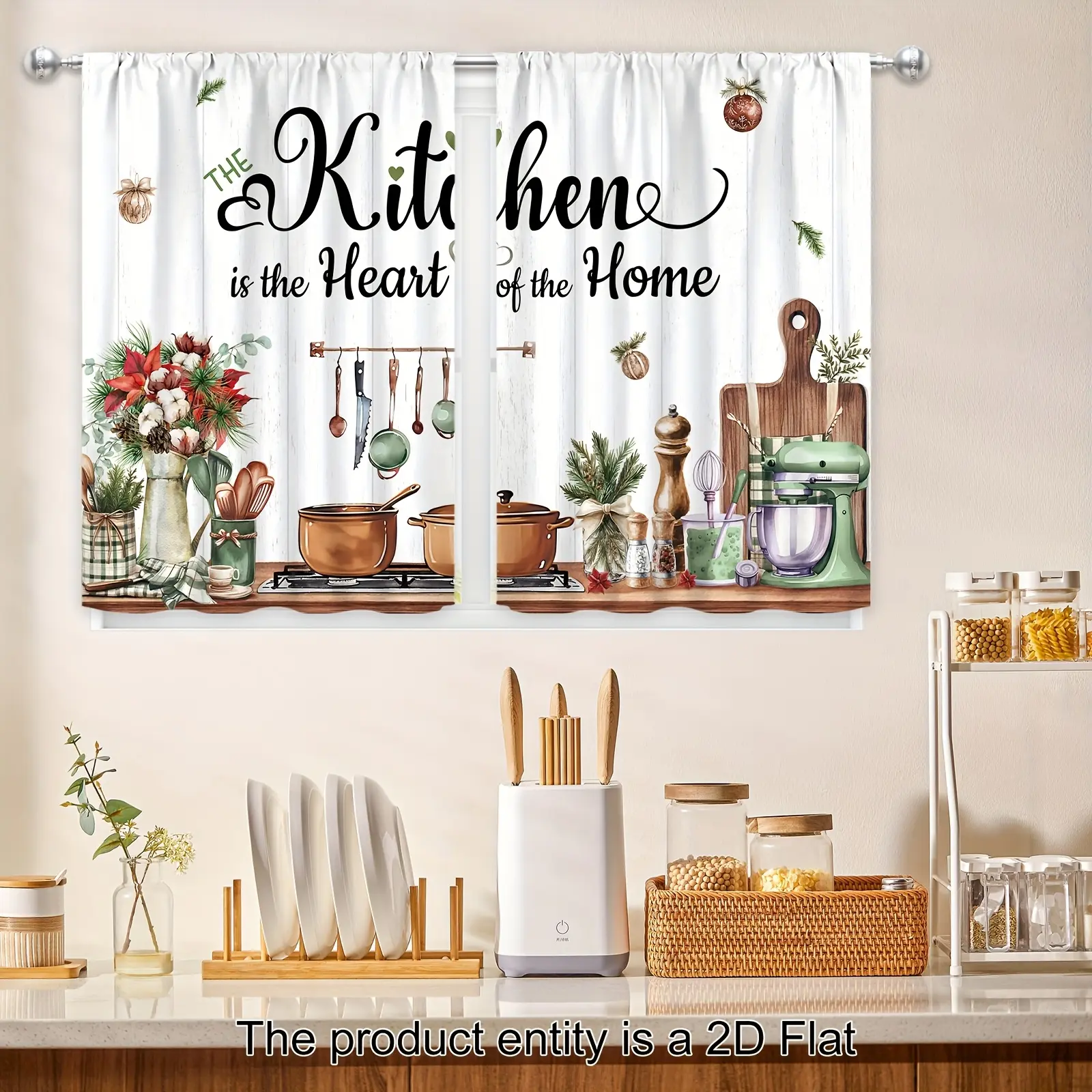 Vintage 2D Polyester Cartoon Print Curtain Valance Set with Rod Pocket & Grommets, Rustic Winter Christmas-New Year Pine Watercolor Flower & Green Leaves, Beautiful Patterns Grommet Curtains for Living Room-High Ceiling Room, Beautiful Patterns Curtains