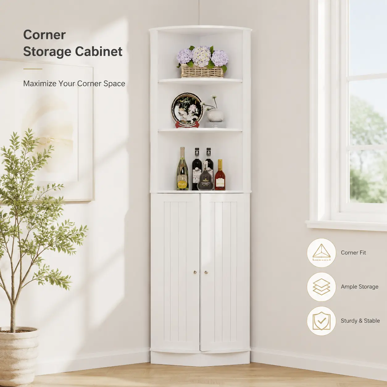 littleox 67" Tall Corner Cabinet with 2 Doors and Adjustable Shelves, Narrow Freestanding Storage Cabinet Organizer, Corner Storage Cabinets for Bathroom, Kitchen, Living Room, Bedroom, Laundry Room, White