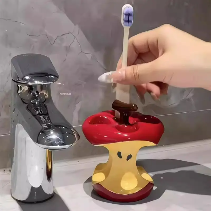 High-Value Apple Core Toothbrush Holder, Ceramic Toothbrush Base, Water-Drip Design, Creative Bathroom Sink Accessory, Toothbrush Storage, Toothpaste Holder