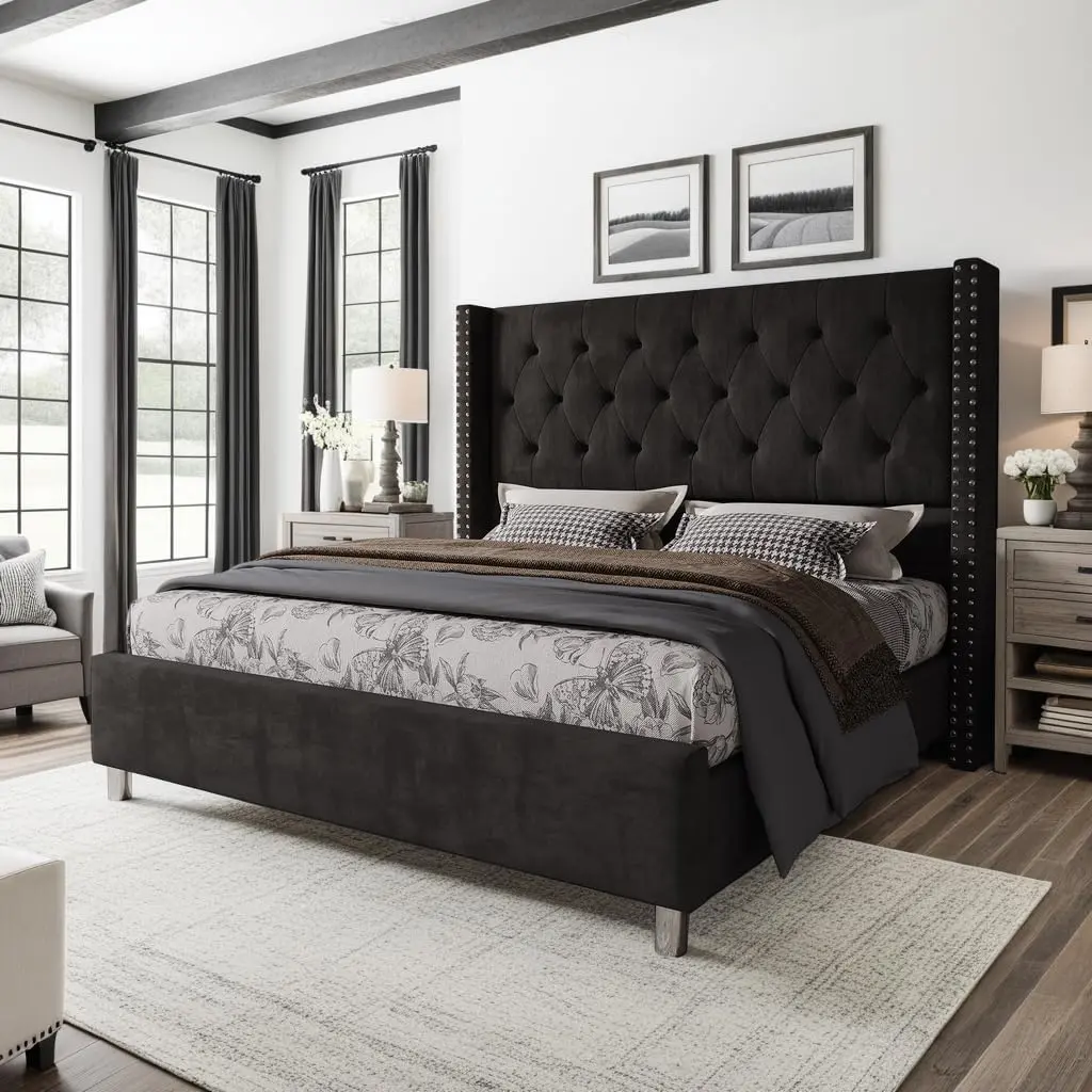 [Summerwins] [SummerFinds] AMERLIFE Bed Frame with 49.2" Wingback Headboard, Upholstered Velvet Bed with Tufted Diamond Button/No Box Spring Needed/Easy Assembly/Christmas Gift