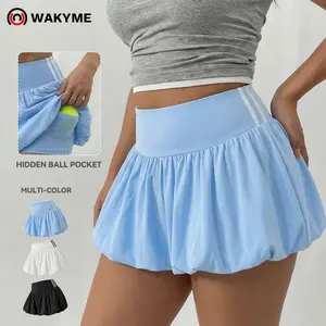 Women's High-Waist Striped Tennis Skirt – Built-In Shorts, Side Pockets, Puffy Athletic Skort