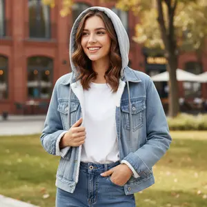 Women's Casual Oversized Loose Denim Jacket with Hood - Single Breasted Button Front Patchwork Design Multiple Pockets High Street Style Warm Solid Color Outerwear Cardigan Perfect for Daily Wear Street Fashion Comfortable and Stylish Women Clothing