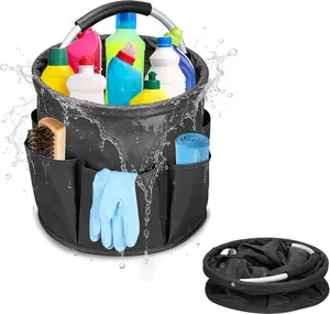 17L Cleaning Caddy with Handle, Cleaning Supplies Organizer, Foldable Storage Basket, Cleaning Supply Caddy, Portable Multi Cleaning Bucket Bag for Home, Garden (Black)