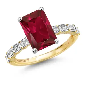 Gem Stone King 14K Two Tone Gold Gemstone Birthstone and Lab Grown Diamond Engagement Ring For Women | Emerald Cut 10X8MM and 3X2MM | Wedding Anniversary Ring | Available in Size 5,6,7,8,9