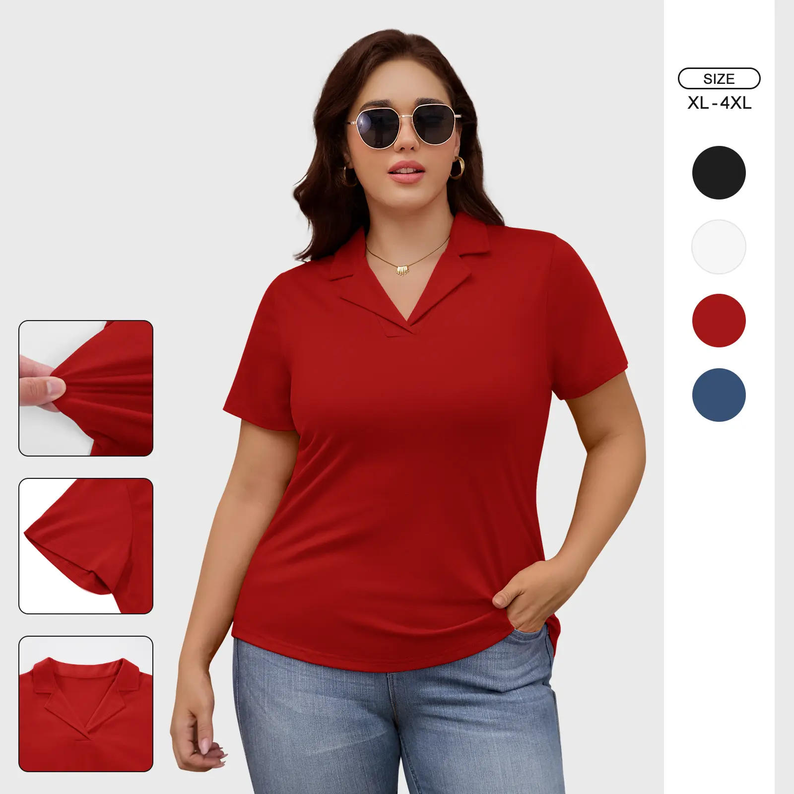 [SummerClearance] HEEKPEK Women Plus Size Lapel V Neck Short Sleeve Polo Top Casual Basic Solid Color T Shirt, Women's Polo Shirts, Short Sleeves, 4Xl, Basics, Minimalist, Chic, Style, Everyday, Simple, Comfortable, Shortsleeve