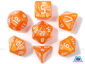 Dreamsicle Redux | Orange Pearled Swirls, Gothic White Font | Acrylic Dice Set (7)