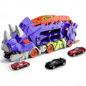 Dinosaur Transport Truck for 3 4 5 6 Years Old Boys, Carrier Truck with Foldable Sliding Race Track and 2 Cars, Transforms Into Standing T-rex, Ideal Gift for Boys and Girls