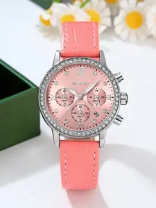 Skmei Elegant Women's Watch, Full Diamond Embellished, Roman Numeral Dial, Leather Strap, Quartz Movement, Lightweight 35g, Perfect Gift, Rhinestones Decor Wristwatch, Fashionable Stylish Watch