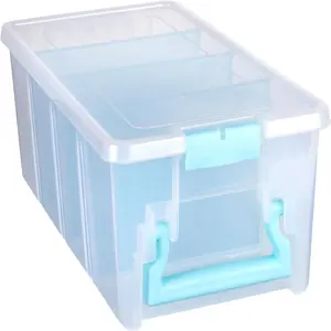 6925AA Semi Satchel with Removable Dividers, Portable Art & Craft Organizer with Handle, Plastic Storage Case, Clear with Aqua Accents