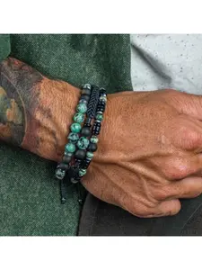 Grunge Men's Crystal Stack Bracelet, African Turquoise & Black Onyx for Streetwear
