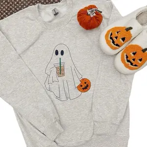 Ghost Coffee Graphic Sweatshirt White Grey unisex sizing fall halloween crewneck Pullover Tops