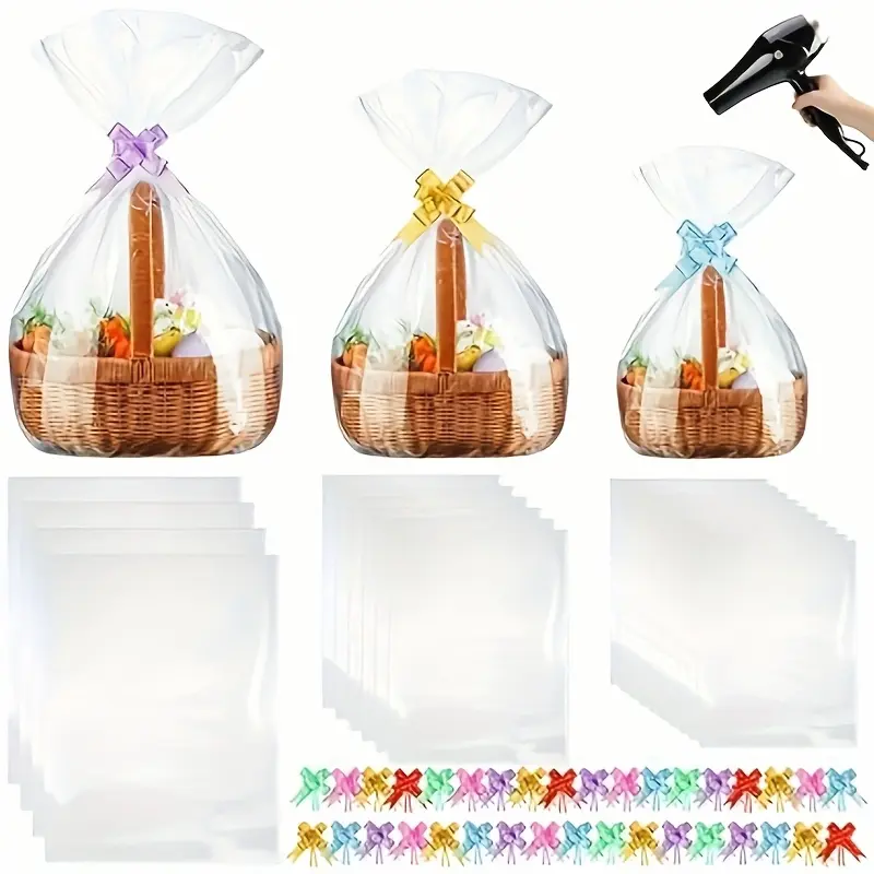80pcs 3 Sizes Clear PVC Heat Shrink Cellophane Bags for Gift Baskets (20"x28", 16"x24", 14"x18") with 6 Color Pull Bows - Easter Mother's Day Gift Wrapping, Party Favors & Basket Packaging Supplies, Baskets for Gifts, Holiday Presents, Festive