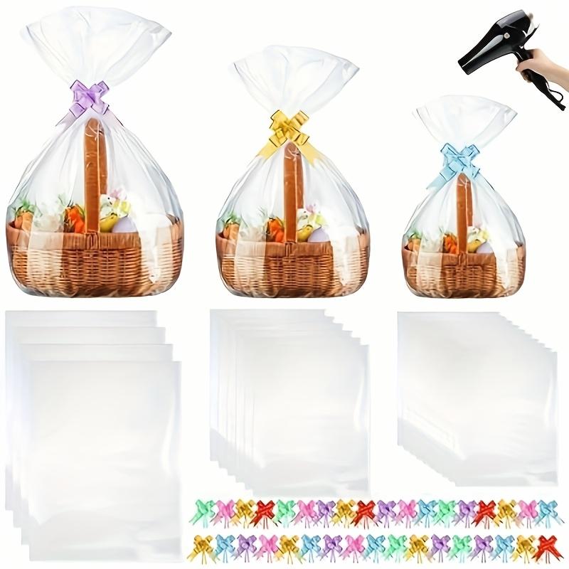 80pcs 3 Sizes Clear PVC Heat Shrink Cellophane Bags for Gift Baskets (20"x28", 16"x24", 14"x18") with 6 Color Pull Bows - Easter Mother's Day Gift Wrapping, Party Favors & Basket Packaging Supplies, Baskets for Gifts, Holiday Presents, Festive