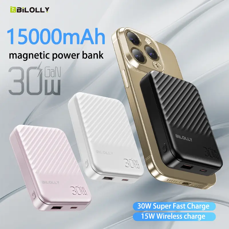 BiLOLLY 15000mAh Magnetic Power Bank S7 30W Super Fast Charge 15W Wireless USB-C Input Output for iPhone & Android Portable Charger