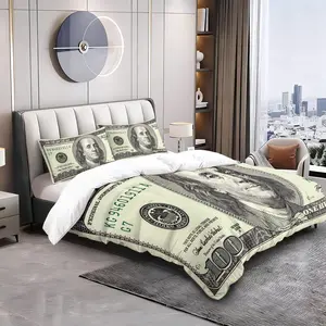 $100 Bill Print Bedding Set — Fun Banknote-Patterned Duvet Cover & Pillowcase Set — Novel, Simple, and Stylish Bedroom Decor (Includes 1 Duvet Cover + 1 or 2 Pillowcases; Fillings Not Included)