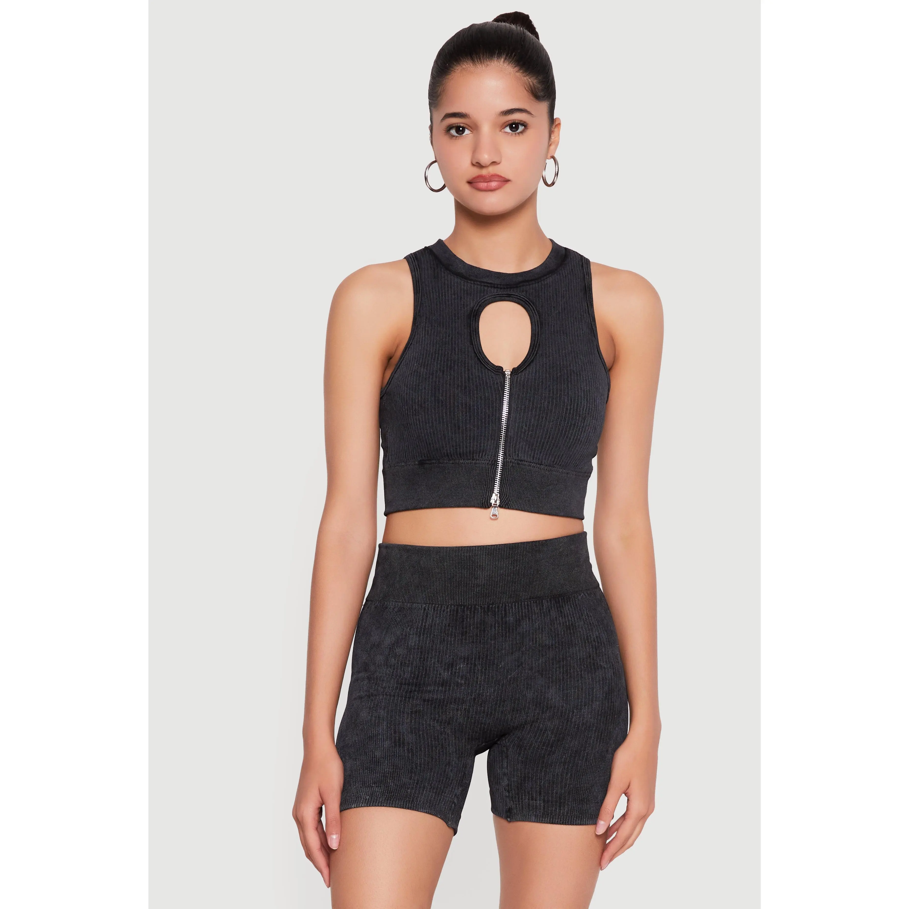 Compression Rib Zip Front Cutout Detail Crop Top