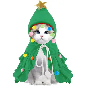 Cat Christmas Costume Green Pet Cape and Pom Pom Puppy Cape Clothes Christmas Tree Elf Costume Party Suitable for Small Dogs and Cats Pet Santa Claus Gift
