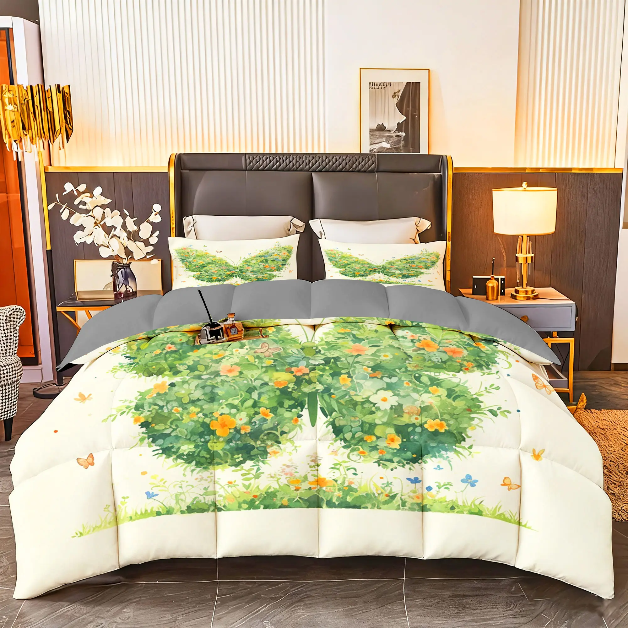 3pcs (1 comforter + 2 pillowcases) Floral Butterfly Print Bedding Set, All-Season Soft & Cozy, Hypoallergenic, Wrinkle & Fade Resistant, Easy-Care, Queen/King/Full/Twin Size, Premium Durable Fabric for Bedroom, Guest Room & Dorm