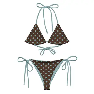 Brown Blue Polka Dots Bikini Printed Bikini 90s 80s, Triangle Bikini