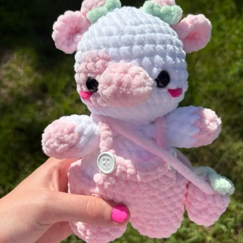 Handmade Strawberry Cow Crochet Plushie with Overalls and Strawberry Purse, Collectible Handmade Gifts.