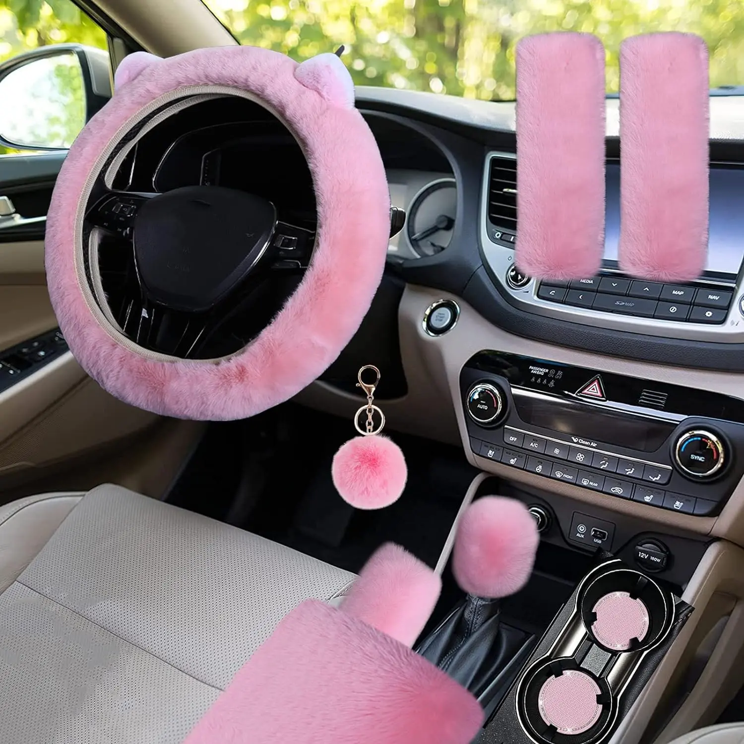 9 Pack Cute Bear Fluffy Steering Wheel Cover with Furry Gear Cover,Handbrake Cover,Seat Belt Pad,Armrest Pad,Bling Car Coaster and Fur Key Chain for Women Girls (Pink)