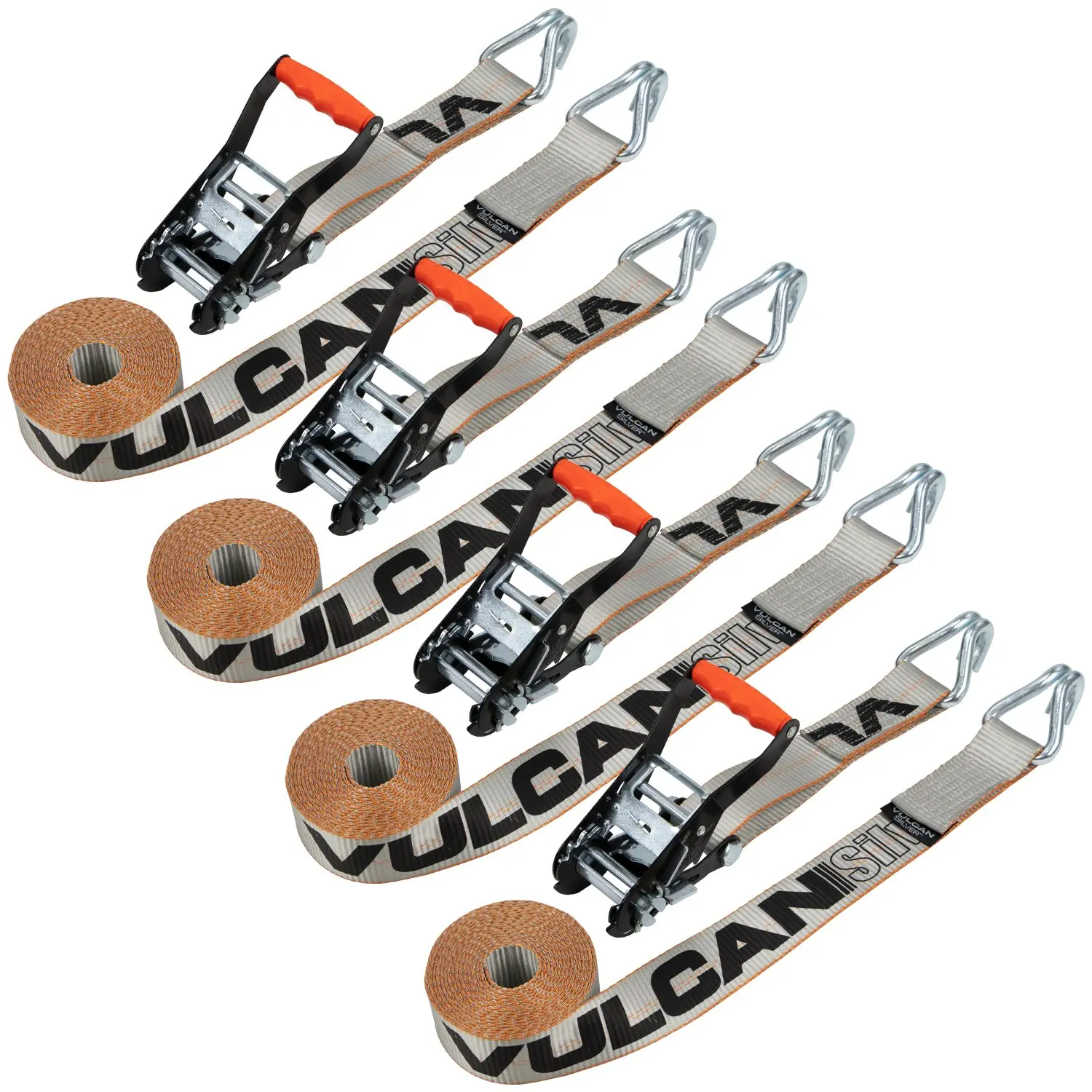 VULCAN Ratchet Strap with Wire Hooks - 2 Inch x 15 Foot - 4 Pack - Silver Series - 3,300 Pound Safe Working Load Adjustable Ropes Heavy Duty