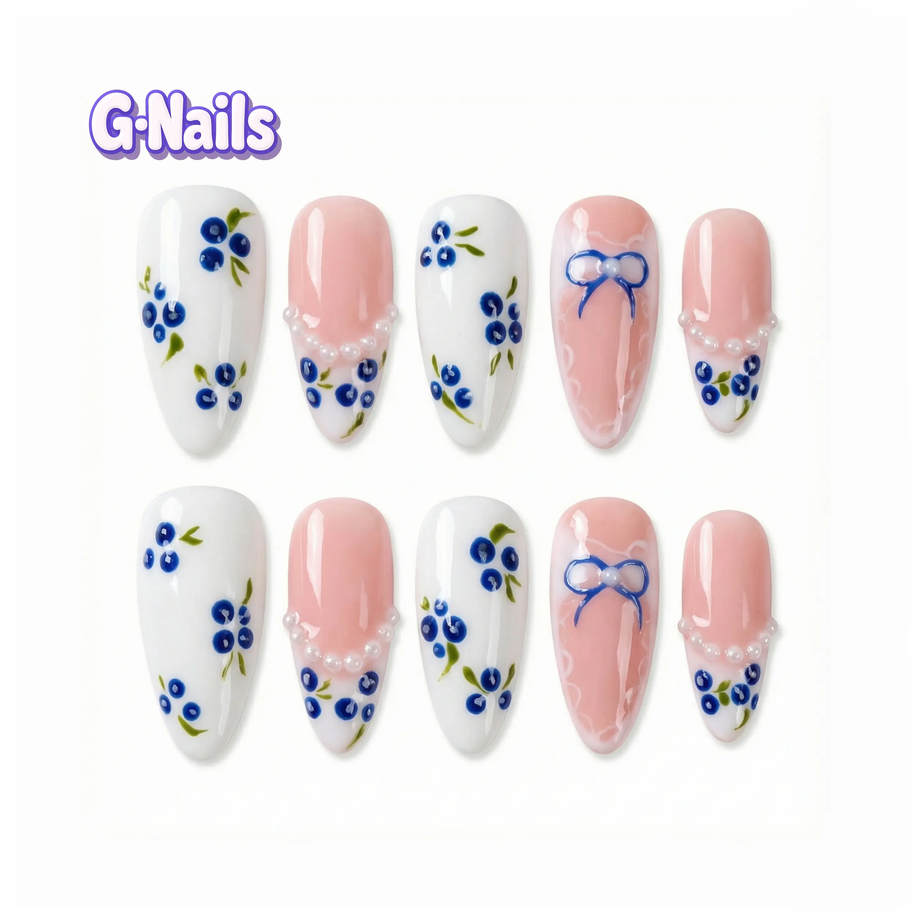 G Nails Handmade Press On Nails, 10pcs Cute Blueberry Cherry Fruit Design, Chic Spring Manicure Kit for Casual Wear, Size S (A92), Nail Kit Set, Decorative Nails