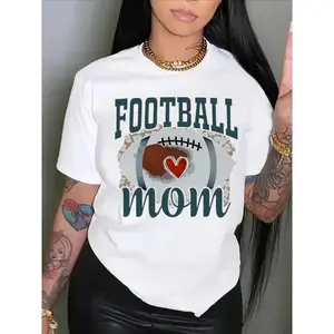 Football Mom Printed Crew Neck Short Sleeve T-Shirt, Casual Top, Suitable for Moms to Wear During Football Games. technoblade merch Cotton Fabric shirts women brandy melville outfits