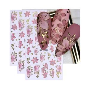 6PCS 3D Pink Flower Nail Stickers – Gold Edge Floral Self-Adhesive Decals