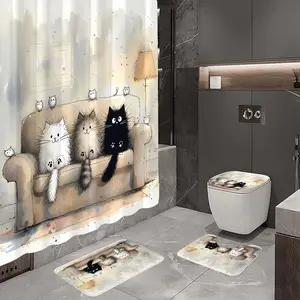 1/4-piece bathroom set with a cat pattern on the sofa, including a single shower curtain, anti slip floor mat, toilet U-pad, toilet lid pad, and a shower curtain hook. It is a bathroom decoration product