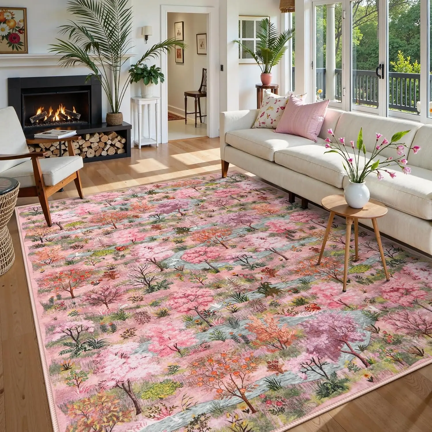 Forest Print Washable Living Room Carpet, Soft Non-Slip Bohemian Style Rug, Decorative Area Rug, Bohemian Washable Rugs, Boho Washable Rug, Modern Home Decor for Bedroom and Office