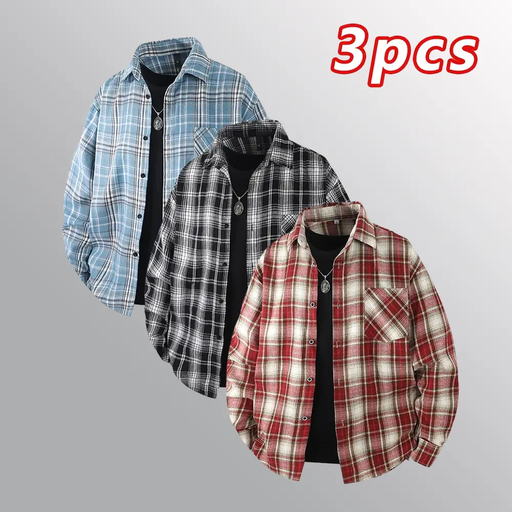 Men's 3-Piece Checked Button Down Shirts - Loose Fit Long Sleeve, Front Pocket, Fashion Design, Machine Washable, Suitable for Daily & Semi-Formal Occasions Menswear Tops