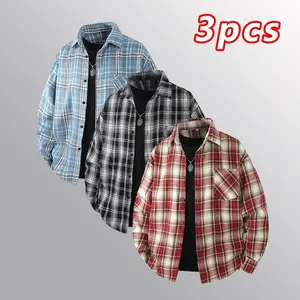 3 Piece Spring & Autumn Plaid Collared Shirt for Men, All Season Loose Fit Long Sleeve Button Front Placket Striped Dress Shirt, Machine Washable Casual & Formal Wear Suitable for Daily & Semi-Formal Occasions