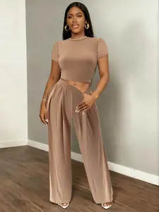 Women's Fashion Casual Matching Round Neck Short Sleeve Crop Top and Slimming Wide Leg Pants Set, Summer, Daily Wear