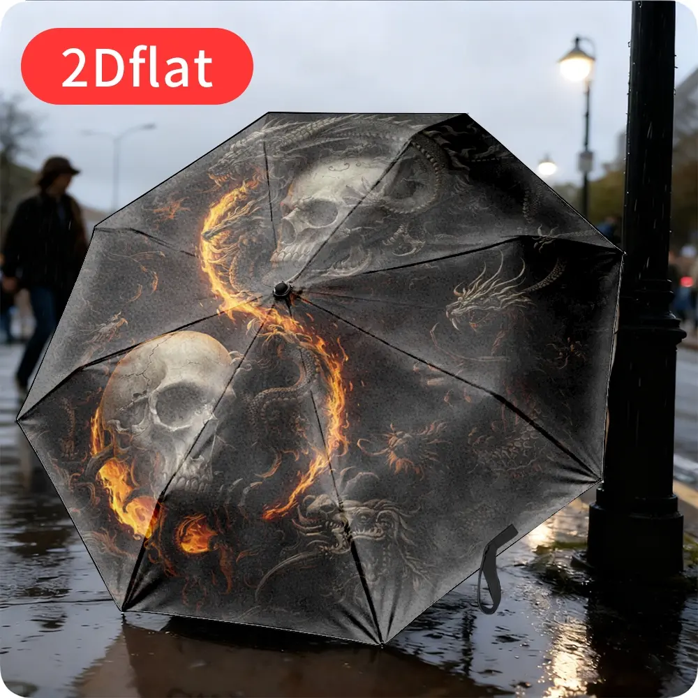1 Black Dragon Flame Tai Chi Skull Automatic Folding Umbrella: Outdoor Daily Portable 8-Rib Design Festival Gift Y75