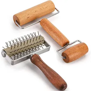 Set of 2 Pizza Dough Roller & Dough Docker, Stainless Steel Dough Hole Maker Puncher Wooden Rolling Pin for Pizza, Cookie, Pie, Pastry, Bread, Crust