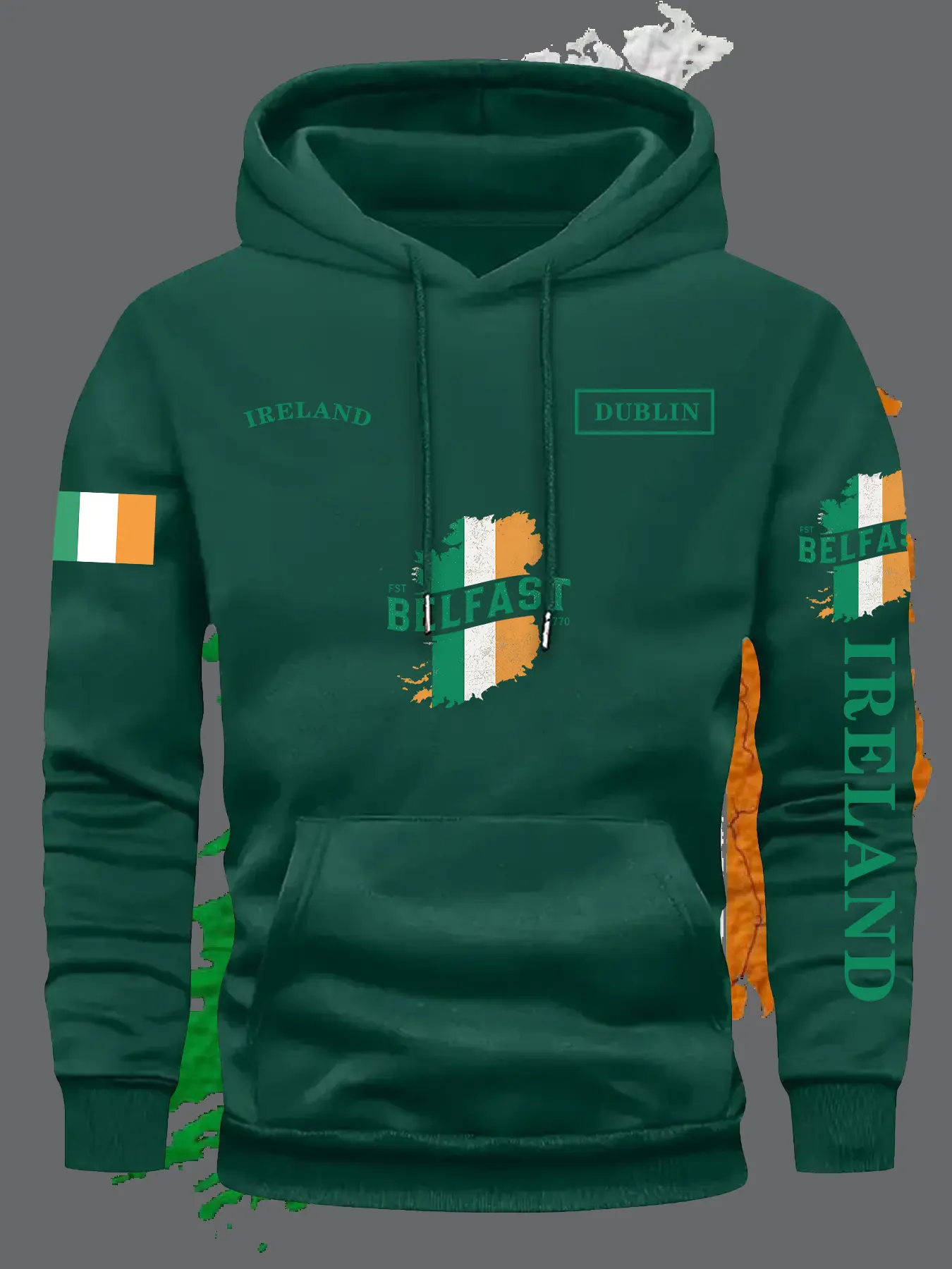Men's Ireland Fitted Hoodie with Belfast Graphic Geometric Pattern, Dual Flag Cultural Design, /olive Color Irish Map, Fall Winter St Patrick's Day Casual Wear, Graphic Sweatshirts, Casual Hooded Sweatshirt, Fashion Hoodies