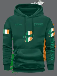 Men's Ireland Fitted Hoodie with Belfast Graphic Geometric Pattern, Dual Flag Cultural Design, /olive Color Irish Map, Fall Winter St Patrick's Day Casual Wear