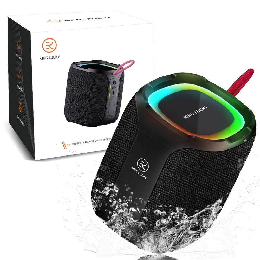IPX7 waterproof portable outdoor Bluetooth speaker with 20W stereo sound, active extra bass, multi-color lights, and 5-10 hours playtime. Smartphone A