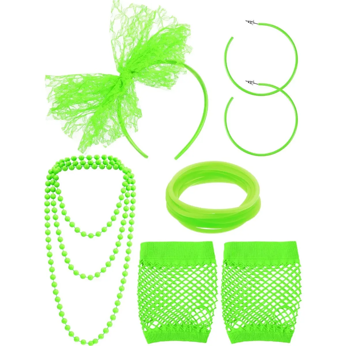 Women's 80s Retro Lace Fabric Clothing Accessories Set - Lace Headband, Earrings, Fishing Net Gloves, Necklace, Bracelets, Bright Tones, Good Elasticity - Female Supply for Band Performances, Birthday Parties