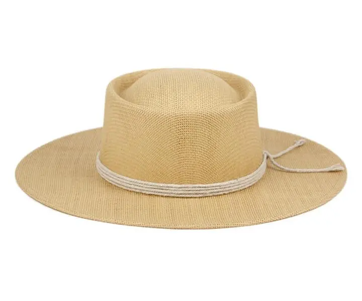 Wide Flat Brim Pork Pie Straw Fedora Hat with String Band